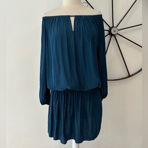 Ramy Brook teal blouson bateau long sleeved off shoulder mini dress XS $395